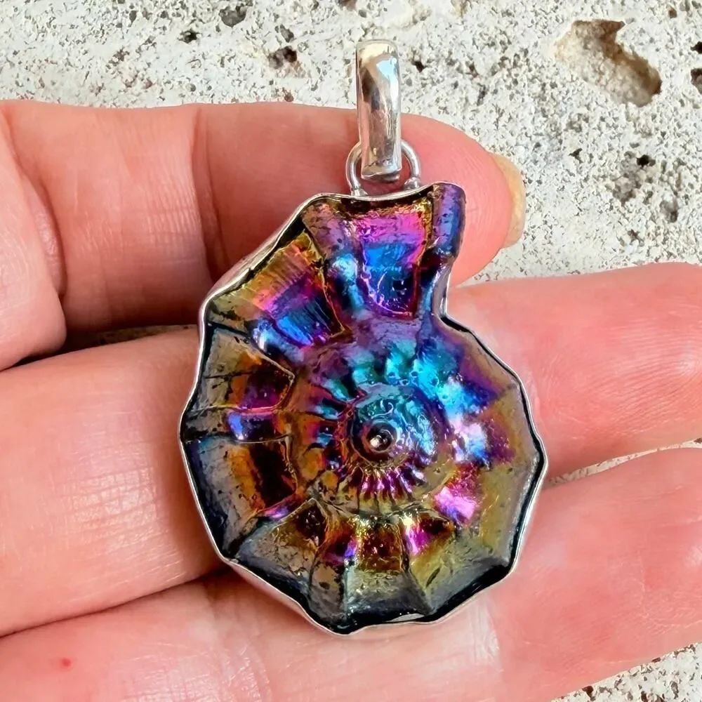 Rainbow Titanium Ammonite Pendant 925 Plated
